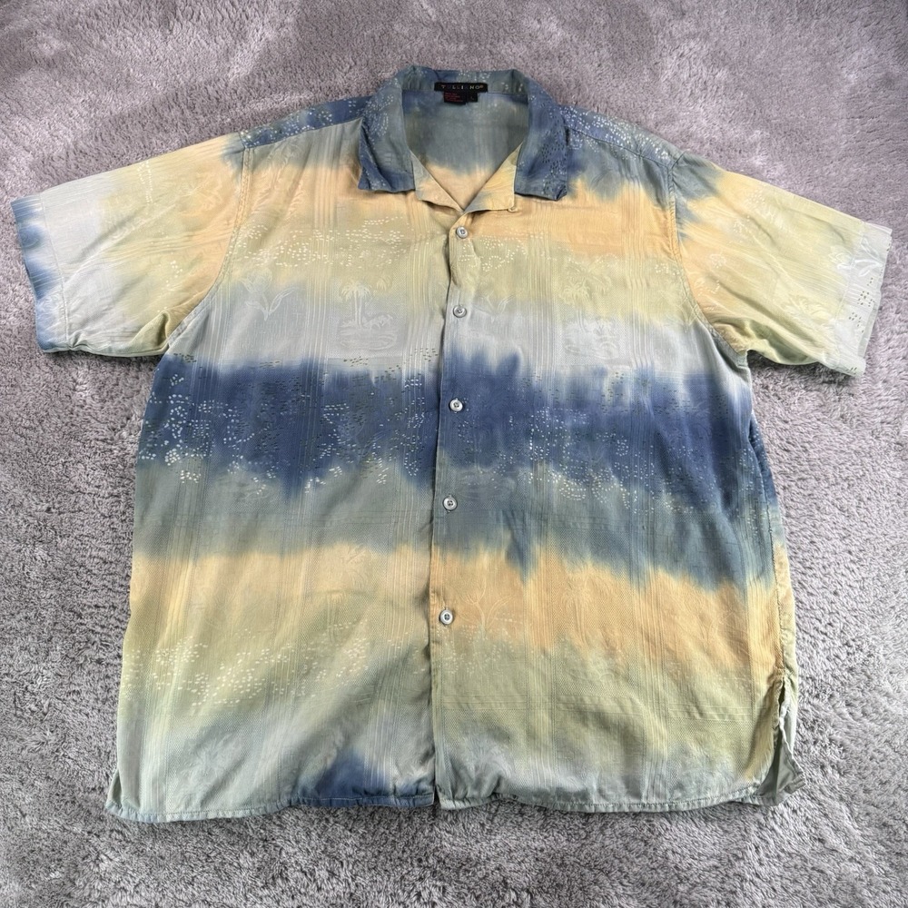 Tulliano Mens L 100% Silk Shirt Blue Yellow Tie Dye Hawaiian Camp Aloha Jacquard